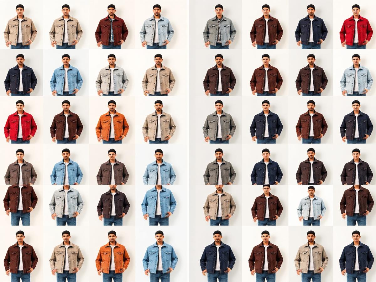 Contact sheet of synthetic apparel dataset renders showing one jacket across many colourways and poses