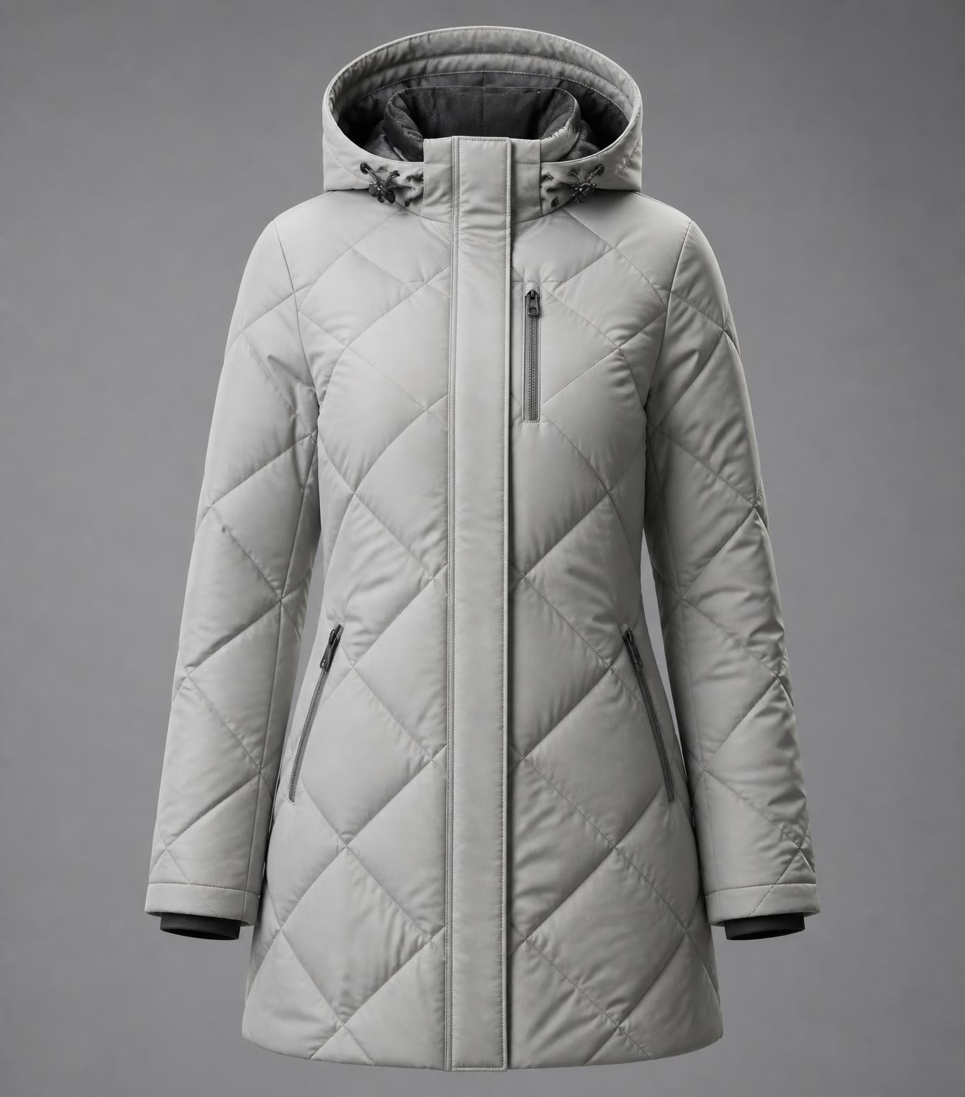 3D virtual sample of a quilted hooded parka with diamond quilting, zip pockets and drawcord trims