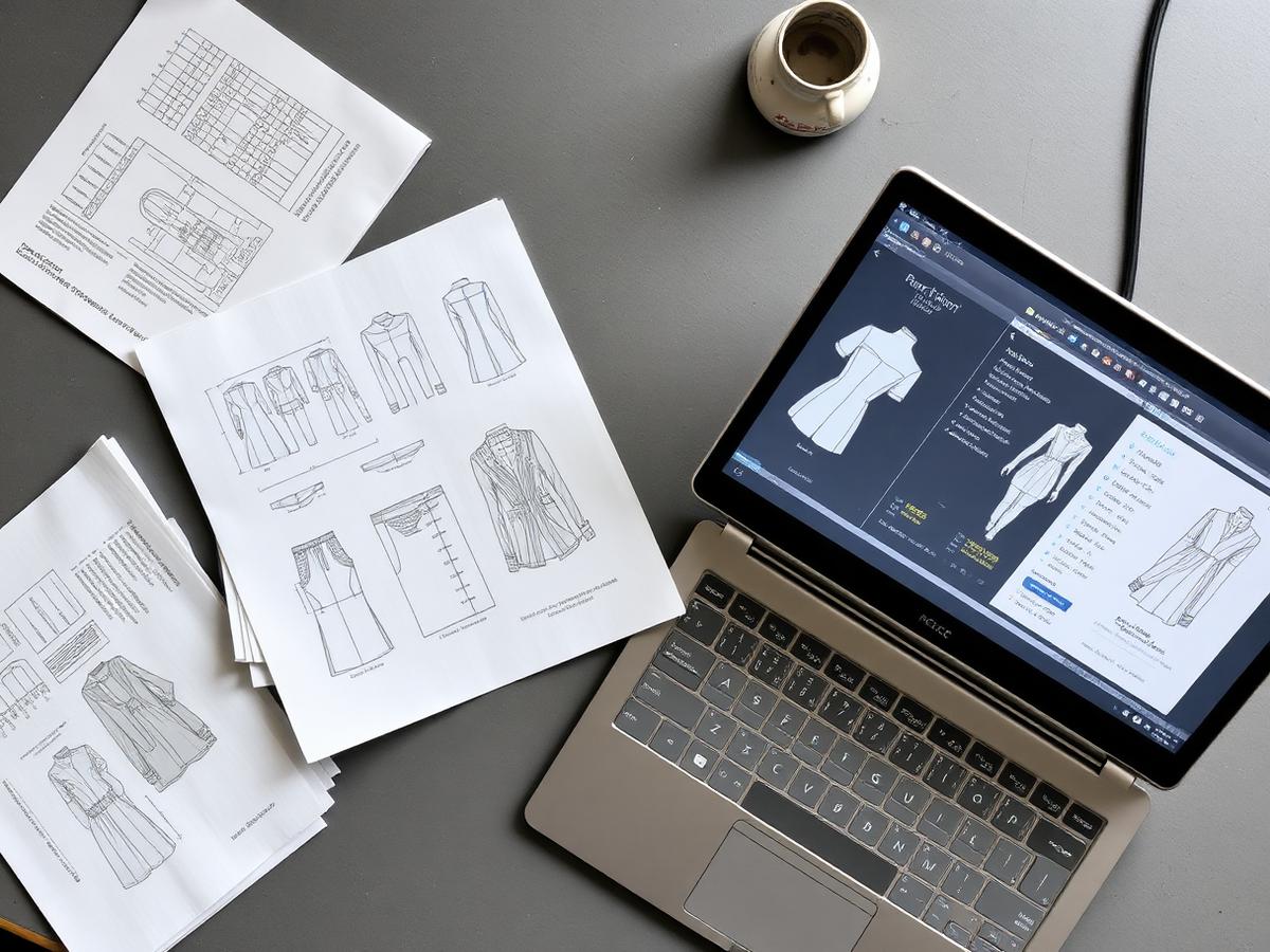 Tech pack sheets with flat sketches and measurement tables beside a laptop running 3D garment software