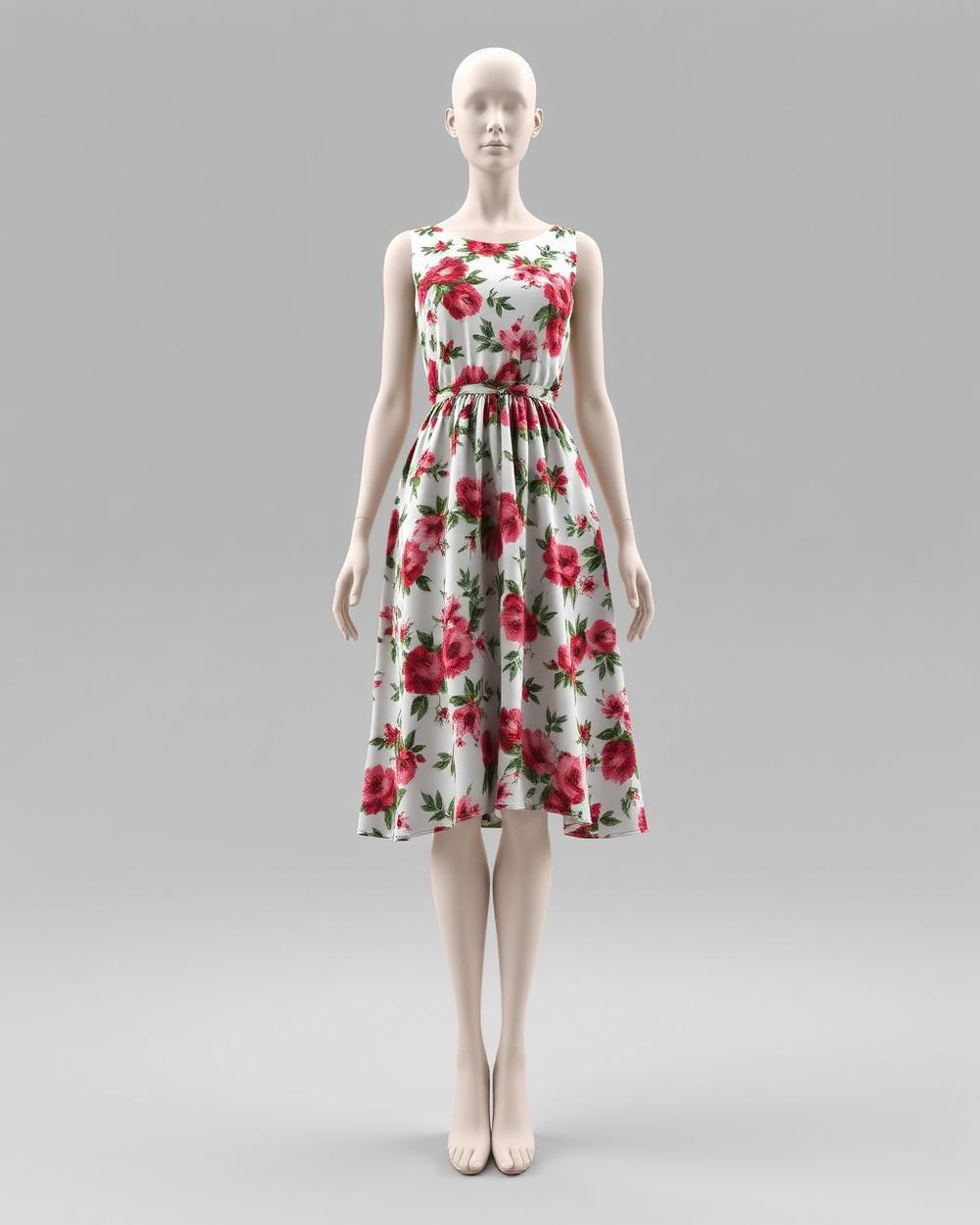 Floral printed midi dress rendered in 3D with gathered waist and fabric drape